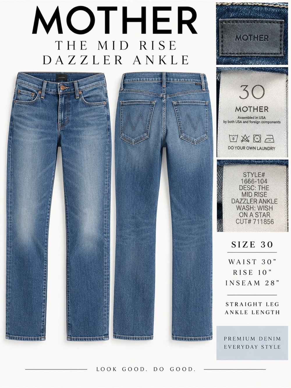 MOTHER The Mid Rise Dazzler Ankle Jeans Size 30 Medium Wash Straight Leg